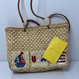 VTG QVC Womens Corn Husk Weave Purse USA Flag Patriotic Sail Boat New With Tags